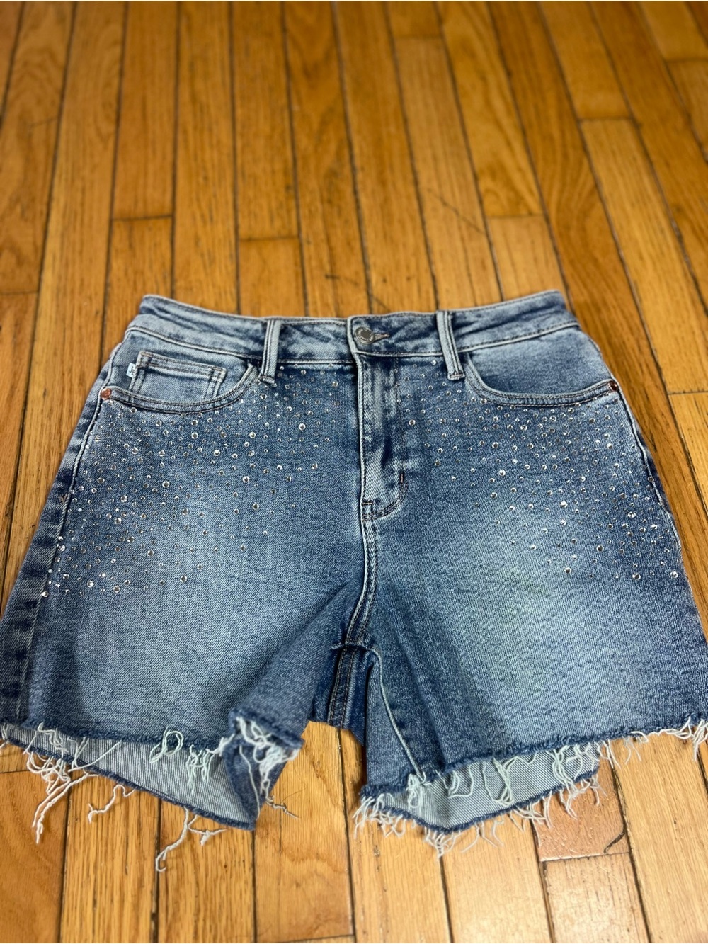 Judy Blue Rhinestone Stretch Denim Cut Off Shorts Women’s 28 Blue Frayed Hem bli